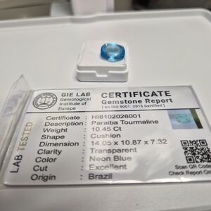 Natural Rare Neon Blue Paraiba Tourmaline VSI 10.45ctw Unheated Certified